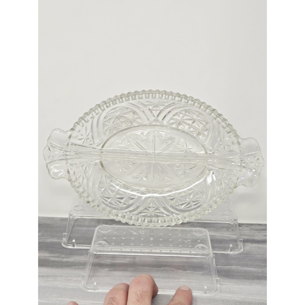 Vtg Anchor Hocking Clear Oval Divided Relish Dish Star‎ Cut Design